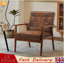 Distressed Tan Leather Upholstered Armchair Accent Chair Solid Wooden Frame Sofa