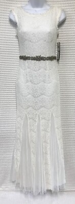 Betsy & Adam Sz 2 White Lace Mermaid Dress Formal Gown Beaded Waist Godets  | eBay