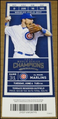 6/6/2017 Chicago Cubs vs Miami Marlins Ticket Ben Zobrist Anthony Rizzo Arrieta