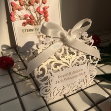 Personalised Name Date Scallop Edge Laser Cut Wedding Favour Gift Boxes & Ribbon