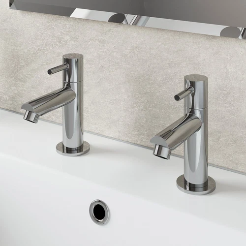 Modern Bathroom Basin Taps Hot & Cold Pair Twin Chrome Lever Handle Solid Brass