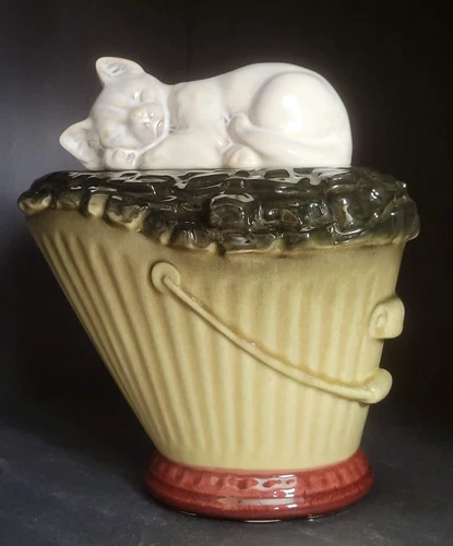 Rare McCoy #218 White "Sleeping Cat on Coal Bucket" Pottery Cookie Jar-Vintage