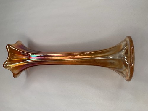 Vtg MCM Morning Glory Marigold Imperial Carnival Glass Swung Ribbed Bud Vase 8” - Picture 5 of 6