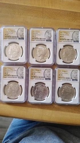 2021 Morgan & Peace Silver Dollar 6 Coin Set, First Day Of Issue, NGC MS 70