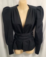 Blusa Zara Mujer Negra Popelina Manga Larga Abullonada Lazo Detalle Cintura Talla EUR XS Nueva