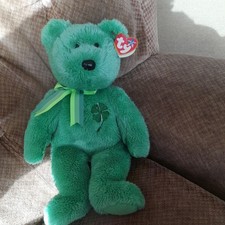 Ty Beanie Babies Dublin Green Teddy Bear  & Tag  been sat in glass case vgc