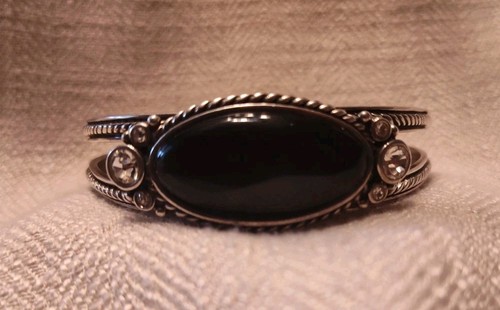 Gorgeous BARSE STERLING SILVER Ladies ONYX & Crystals CUFF Bangle BRACELET - Bild 2 von 3