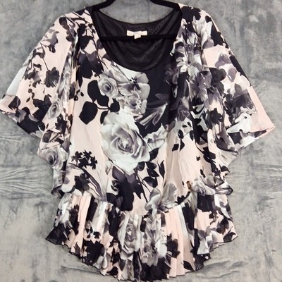 Established 1362 Blouse Womens 10 Black White Pink Floral Ruffle Pleated Hem Top