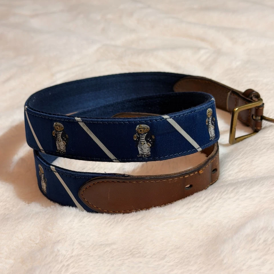 Polo Ralph Lauren Men's Navy Blue Bear Print Striped Leather Trim Belt - Image 2 of 4