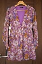 Floral Mini Dress UK 8 Purple Deep V Long Sleeve Pleated Nasty Gal