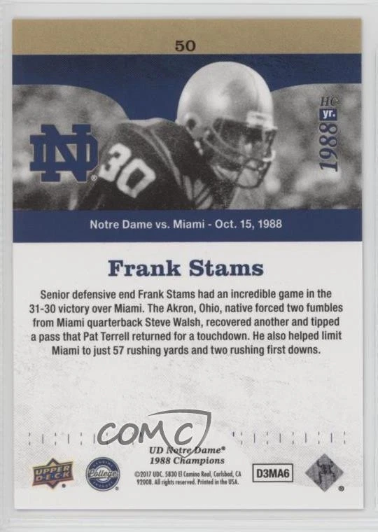2017 Upper Deck Notre Dame 1988 Championship Blue Pattern Rainbow Frank Stams - Image 2 of 2