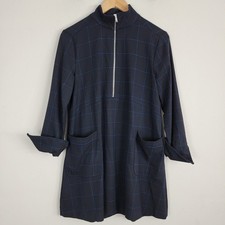 Zara Dress Womens S Black Blue Window Check 1/4 Zip High Neck Curve Sleeve