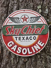 VINTAGE 1950S TEXACO SKY CHIEF GASOLINE PORCELAIN GAS STATION PUMP SIGN NICE 12"
