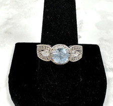 Sterling Silver Light Blue Round CZ Ring with CZ Accents - Sparkly - Size 9.75