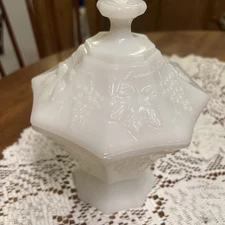 Vintage White Milk Glass Pedestal Compote Candy Dish w/ Lid Grape Pattern 8"