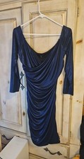 Express Women's Metallic Blue Dress Sz L Criss Cross Neckline Rouched Skirt
