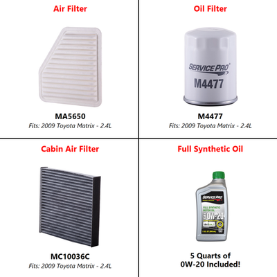 2009 Toyota Matrix 2.4L Complete Oil, Air & Cabin Filter Kit (0W