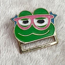 Frog with Glasses Clip Eze Pin Enamel Green Gold Tone Badge Holder