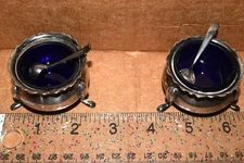 Silver Footed Open Salt Cellars Cobalt Blue Inserts And Spoons (2) England EPNS