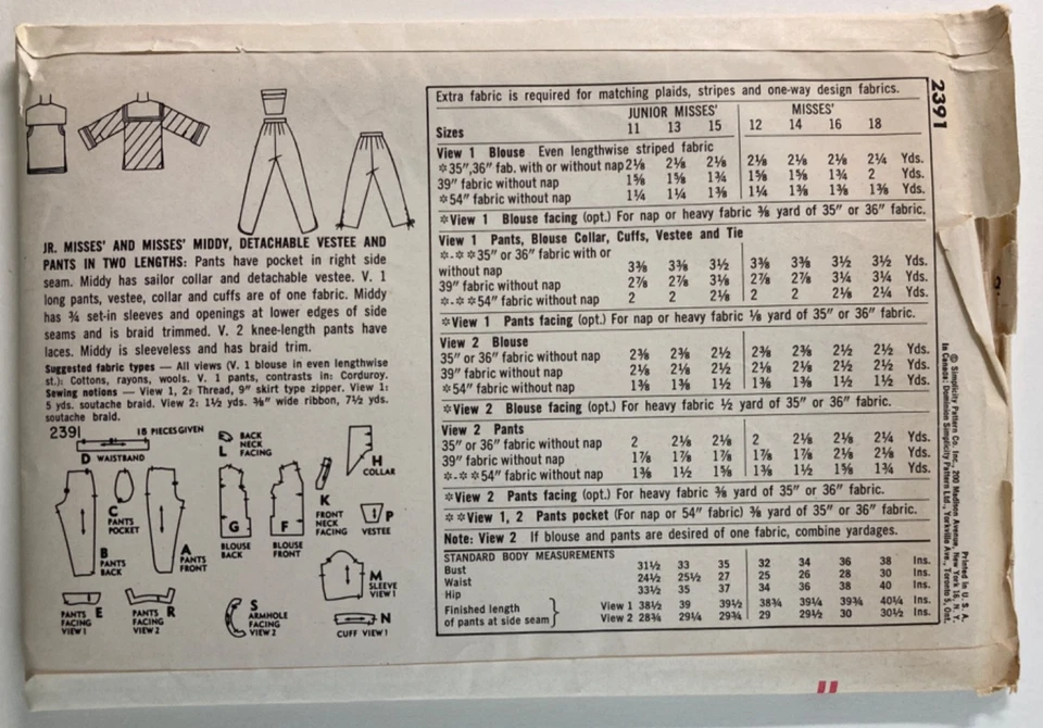 1950s Simplicity Pattern 2391 Sailor Blouse & Peddle Pushers Sz 16 Uncut FF - Image 3 of 4