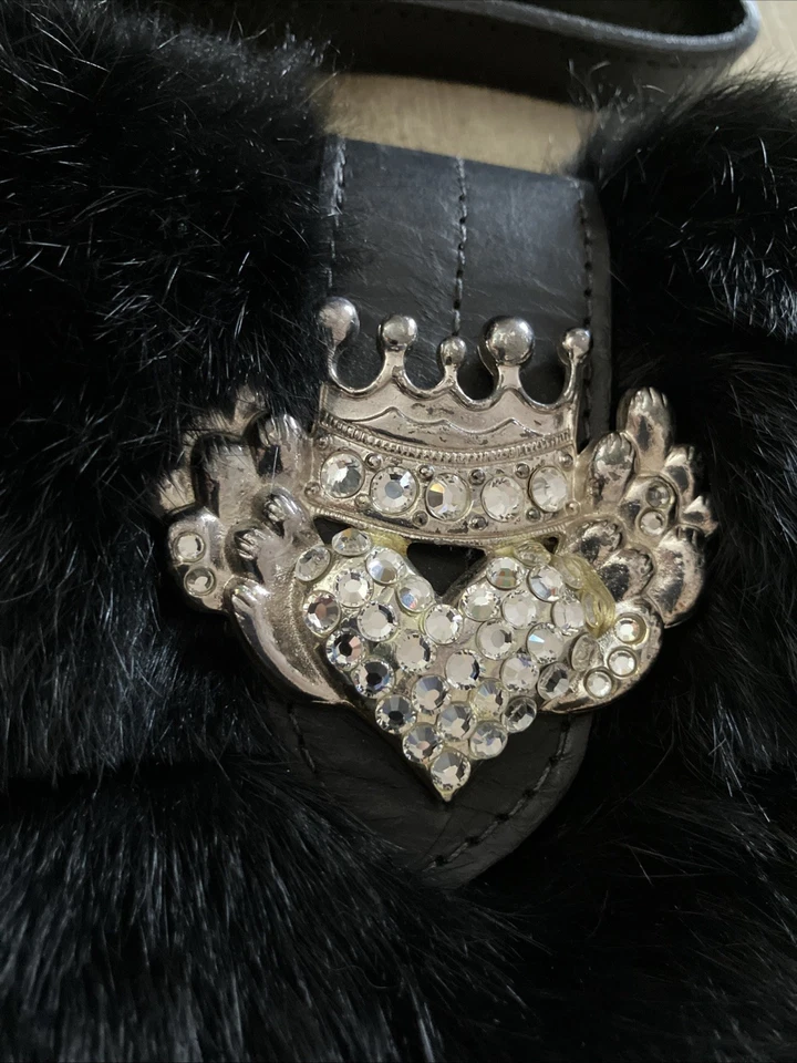 Michelle Monroe Vintage Leather And Fur Clutch Bag Heart & Crown Silver Crystal - Image 2 of 4