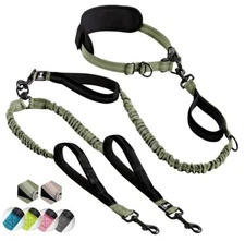  - Hands Free Dog Leash with Reflective Stitches - 2 dogs M/L Military Green