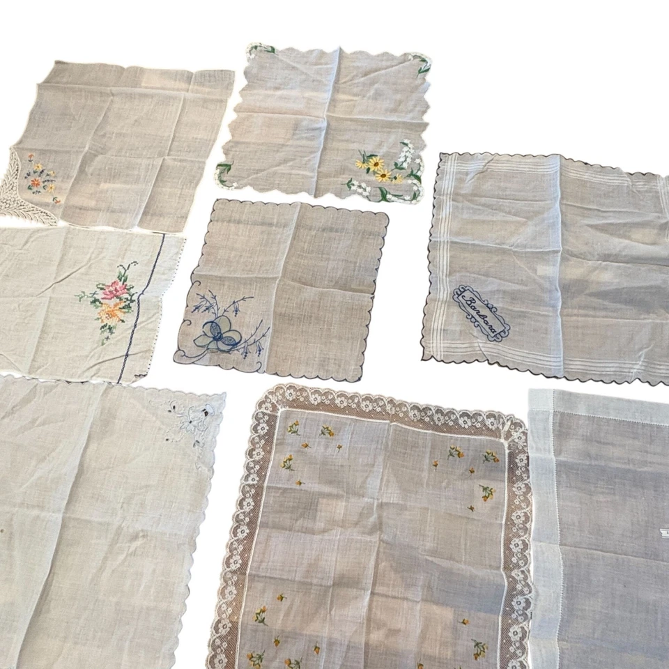 Vintage Embroidered Cotton Handkerchiefs Lot Of 18 Floral Lace Details - Image 2 of 4