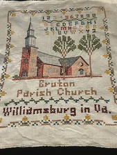 VTG Cross Stitch Completed Bruton Parish Church Williamsburg, Va.-Unframed-Linen