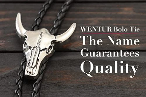 Western Vintage Bolo Tie for Men - Cow Skull Design Cowboy - Black Silver
