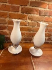 VINTAGE ~ WHITE MILK GLASS ~ HOBNAIL BOUDOIR HURRICANE TABLE LAMP PAIR ~ 13”