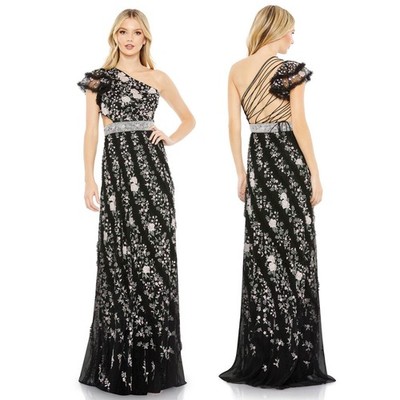 NWT Mac Duggal Embroidered Ruffled One Shoulder Lace Up Gown $498 - Size 2
