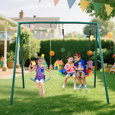 Trekassy 2 Seats Metal Swing Set Heavy Duty Backyard Playset Kids Adults 440lbs