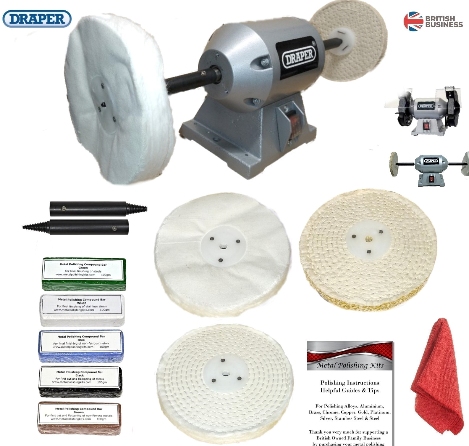 Draper 6"" 250W Bench Grinder Metal Polishing Machine With 6"" Metal Polishing Kit