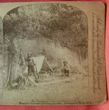 Lake Abundance, Park County, MT. Antique Stereoview 1890's. Hunter's Camp. NoR