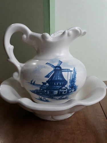 Small Vintage McCoy Pottery Pitcher & Wash Bowl Basin Set White / Blue Windmill