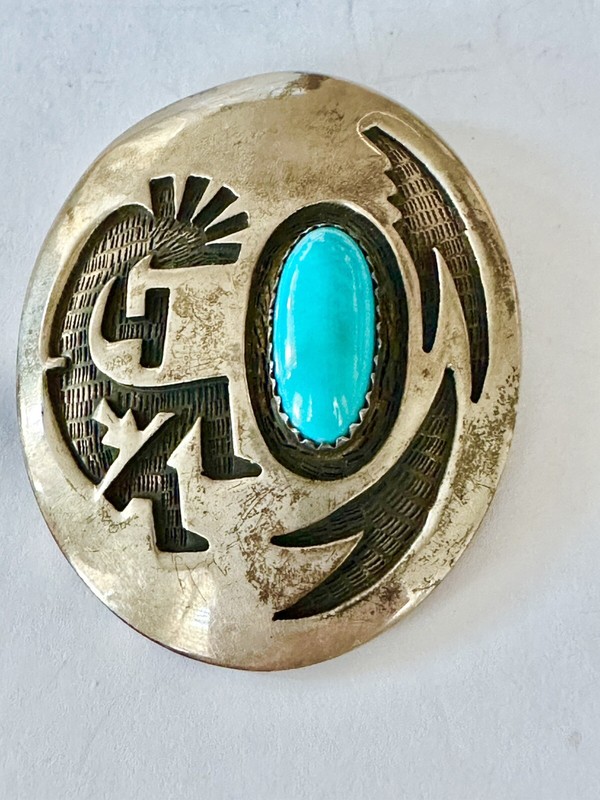 Signed Vintage HOPI TURQUOISE Sterling Silver Overlay PIN PENDANT 23.5 Grams 2”L