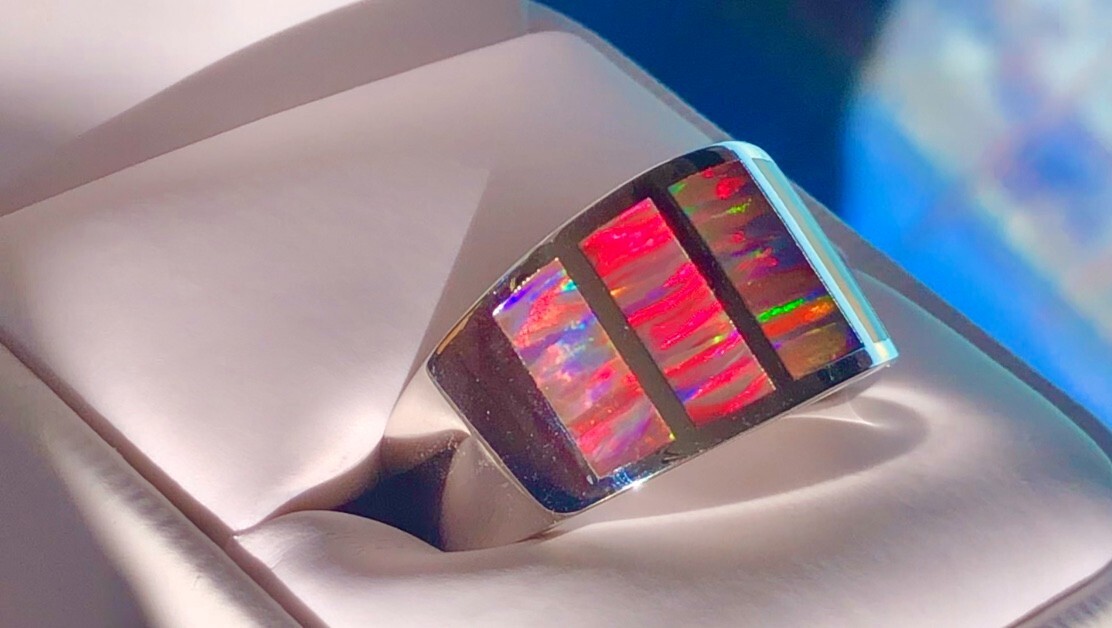 HANDSOME Heavy Rock Red Black Fire Opal Men's ring VIDEO sterling 14 925 z+++ image 3