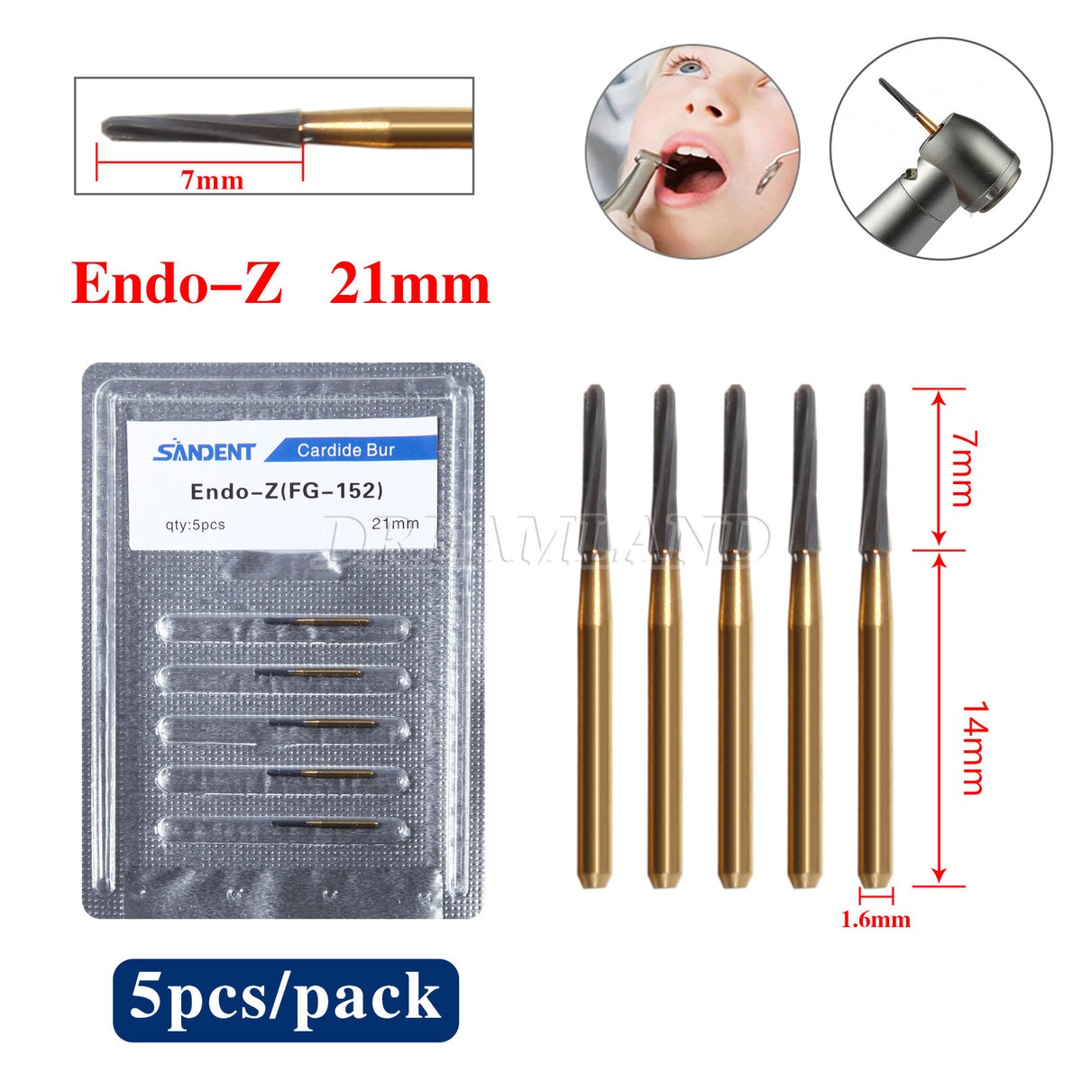 Lot De 6 Fraises Dentaires ENDO-Z Zekrya En Carbure De Tungstène Doré - FG 21/23/25/28mm - Pour Endodontie