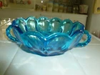 VINTAGE ANCHOR HOCKING FAIRFIELD BLUE GLASS DOUBLE HANDLED NAPPY BOWL CANDY DISH