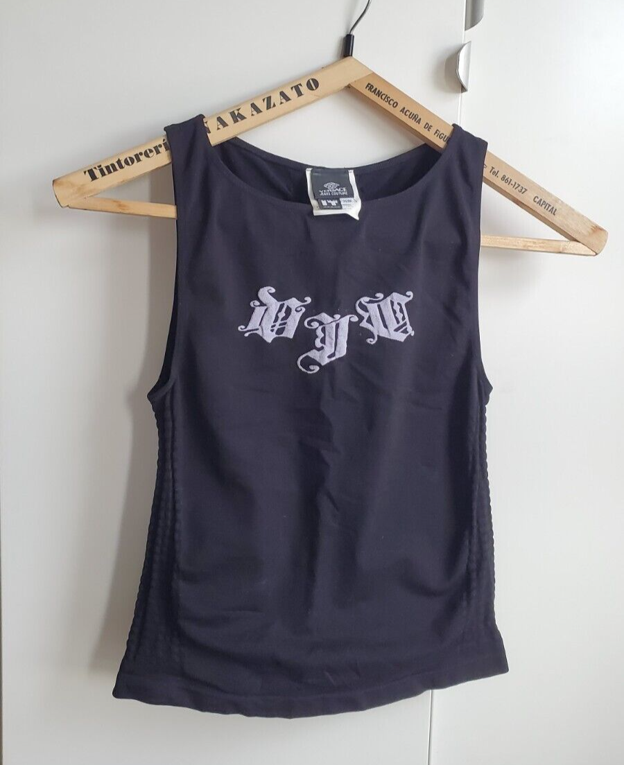 VTG 90s Y2K Versace Jeans Couture Top Black Logo Whimsigoth Moto