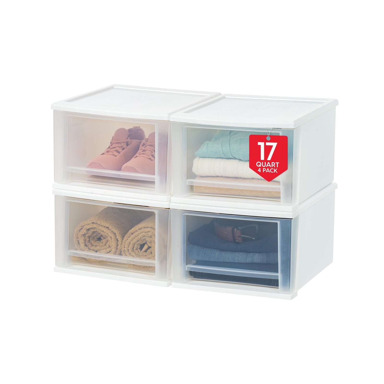 USA 17 Qt. Plastic Drawer Storage Organizer Stacking Drawers, 4-Pack, Stackab...