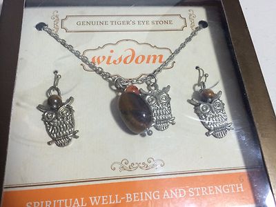 Pier 1 Tiger's Eye Owl Necklace & Earring Set New in Box Wisdom