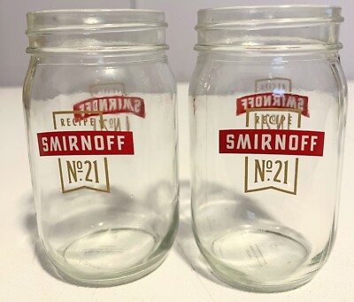 2 SMIRNOFF #21 VODKA RED LOGO MASON  JAR 12oz GLASS BAR PARTY DRINK PROMO CUP