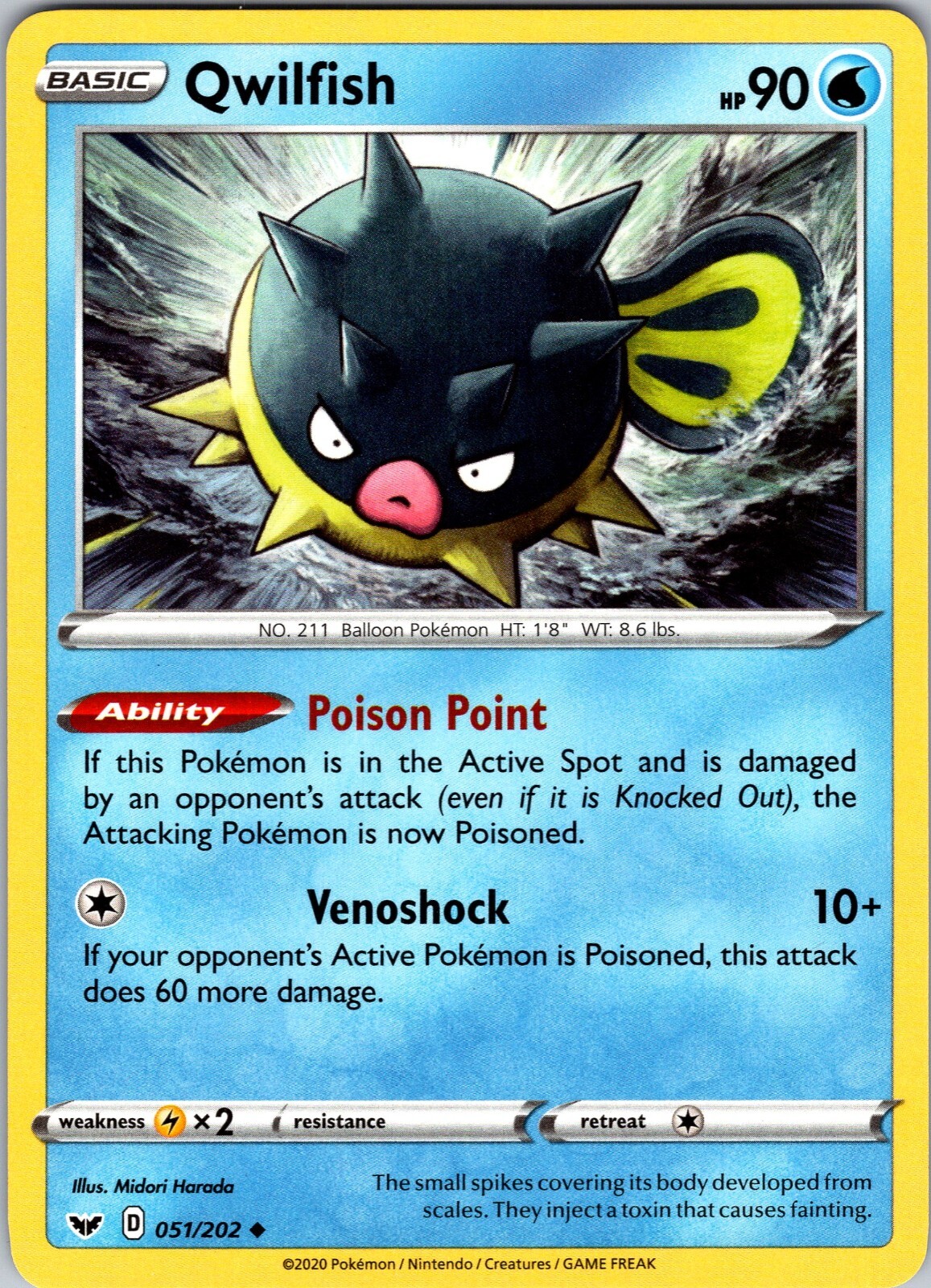 Pokemon TCG Qwilfish Sword & Shield Base Set 051/202 Regular Uncommon Card NM