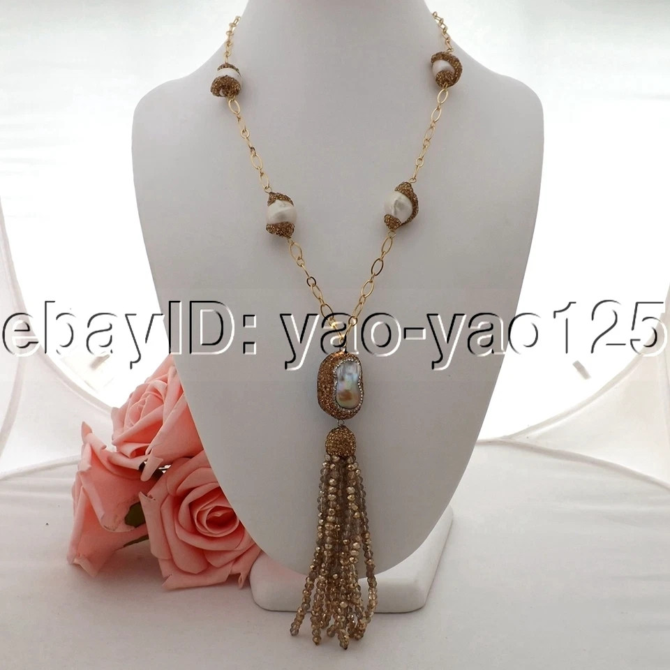 22" Freshwater Cultured White Keshi Pearl Chain Crystal Pendant Necklace - Image 3 of 4