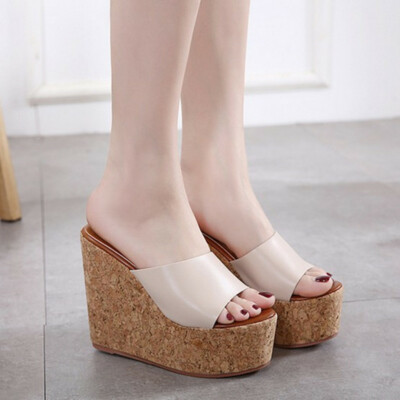 Womens Open Toe Wedge High Heel Platform Slippers Shoes Slip