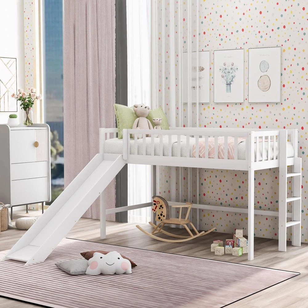 White loft bed with slide 2025