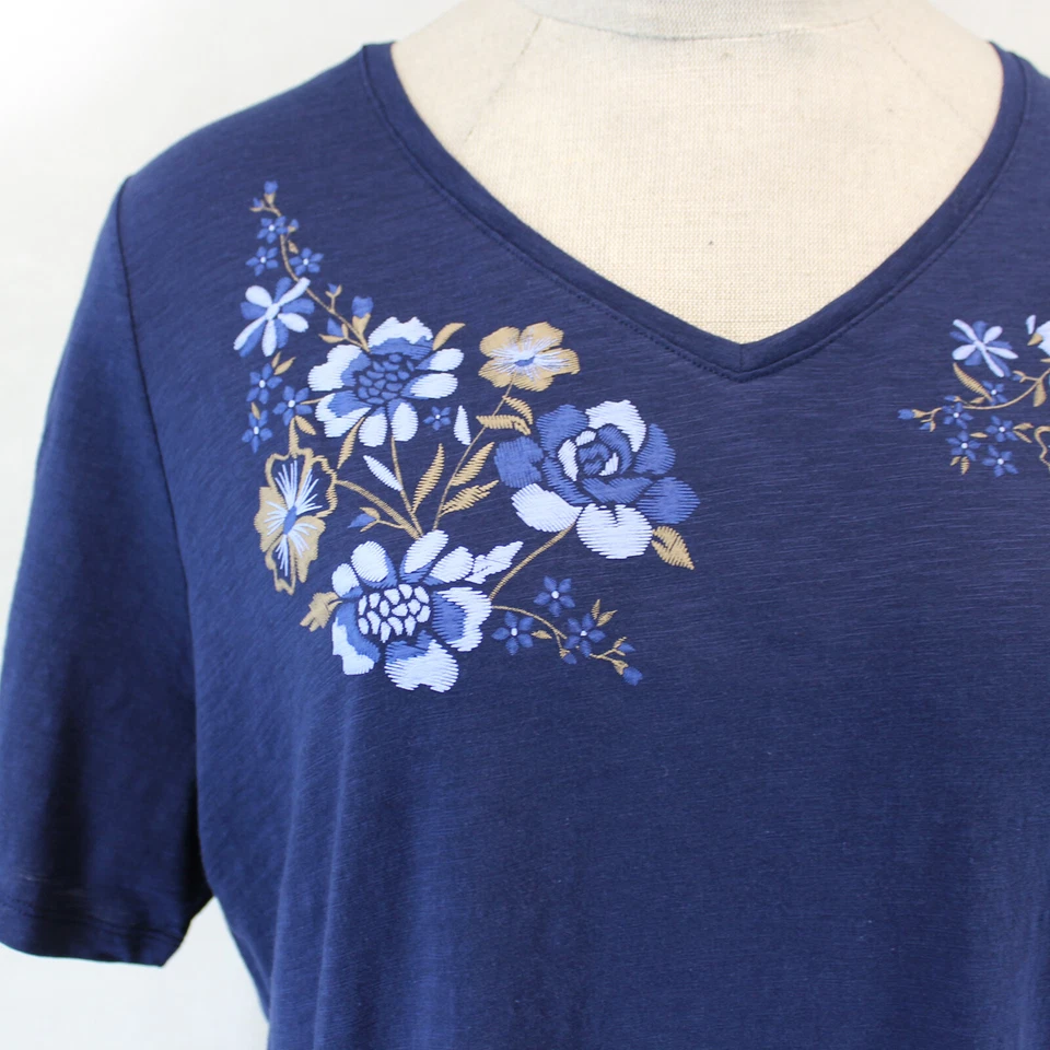 Catherines Plus Blue Flower Print Cotton Top Blouse 0X, 14/16 - Image 4 of 4