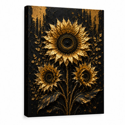   Luxury Gold and Black Sunflower Canvas Wall Art Modern Textured Floral Paint