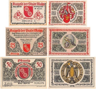 Mainz 10-50 Pfennig 3 Pieces Notgeld Set, 1921, Mehl #860.2, UNC